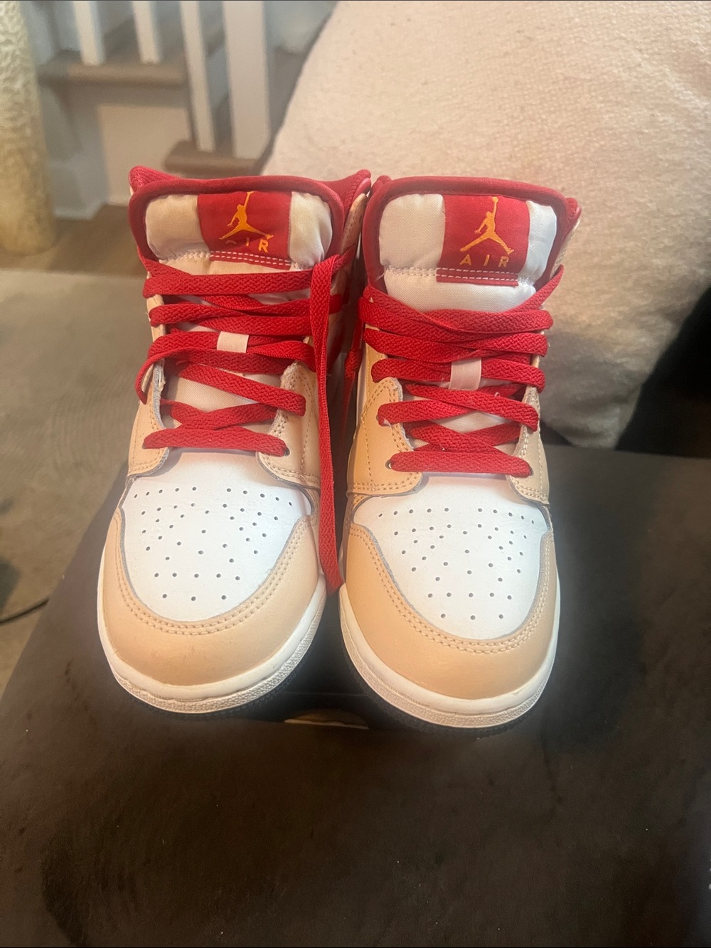 Jordan Mid-Top Sneakers in White, Beige & Red - Picture 2 of 3